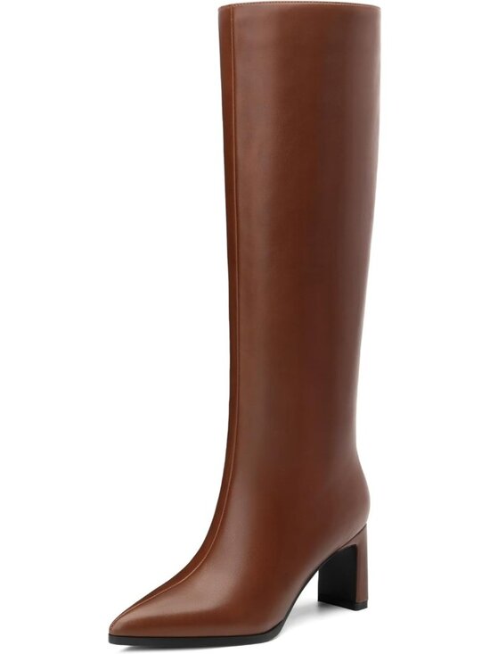 Shoes - Women's Brown Pointed Toe Side Zipper Chunky Block High Heel Knee High Boots